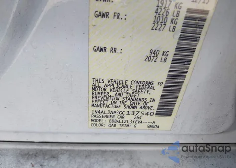 2016 Nissan Altima 2.5 Sv z USA, uszkodzony, nr VIN 1N4AL3AP3GC137540